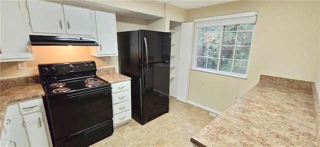 5595 Marbut Rd, Lithonia, GA 30058 - kitchen with black appliances, under cabinet range hood, white cabinetry, and light countertops