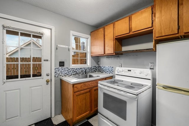 kitchen featuring sink, white appliances, plenty of natural light, and decorative backsplash