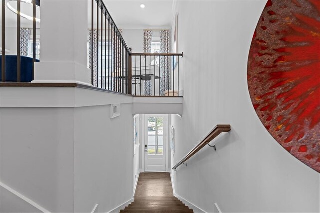 staircase featuring a towering ceiling and wood finished floors