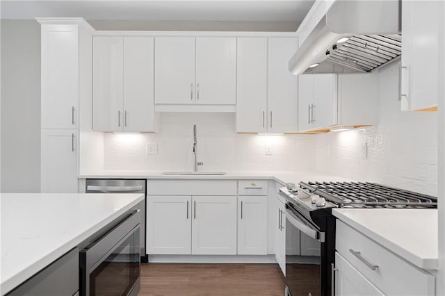 kitchen with wall chimney exhaust hood, tasteful backsplash, wood-type flooring, double oven range, and sink