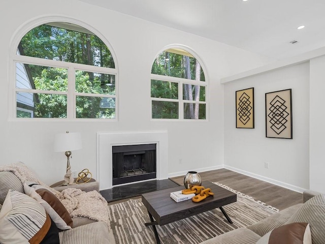 3100 Mount Gilead Rd SW, Atlanta, GA 30311 - living room with wood finished floors, a fireplace with raised hearth, and recessed lighting