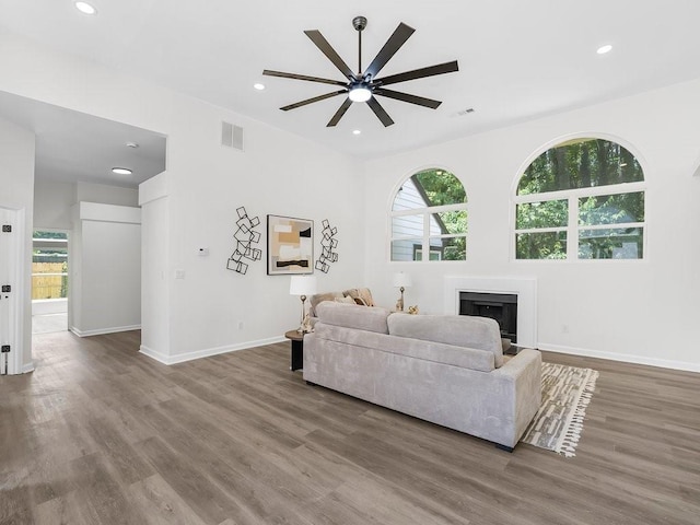 3100 Mount Gilead Rd SW, Atlanta, GA 30311 - living area with a ceiling fan, wood finished floors, a fireplace, and recessed lighting