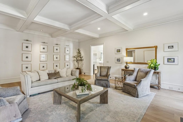 2671 Bohler Rd NW, Atlanta, GA 30327 - living area featuring beam ceiling, wood finished floors, coffered ceiling, crown molding, and recessed lighting