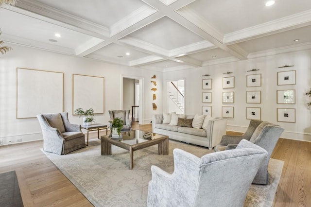 2671 Bohler Rd NW, Atlanta, GA 30327 - living room featuring beamed ceiling, stairway, light wood-style flooring, recessed lighting, and ornamental molding