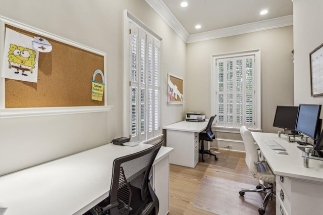 2671 Bohler Rd NW, Atlanta, GA 30327 - home office with ornamental molding, plenty of natural light, light wood-style floors, and recessed lighting