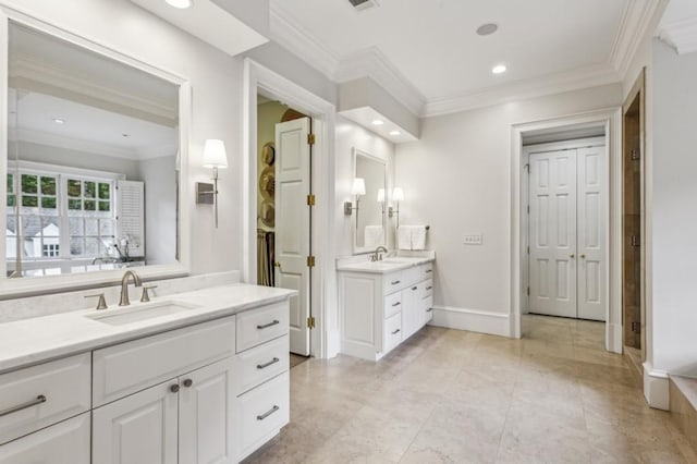 2671 Bohler Rd NW, Atlanta, GA 30327 - bathroom with two vanities, crown molding, recessed lighting, and a shower stall