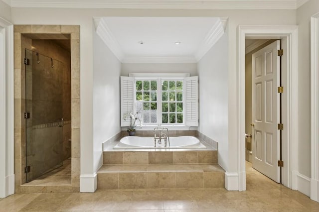 2671 Bohler Rd NW, Atlanta, GA 30327 - bathroom featuring a bath, a shower stall, crown molding, and tile patterned flooring