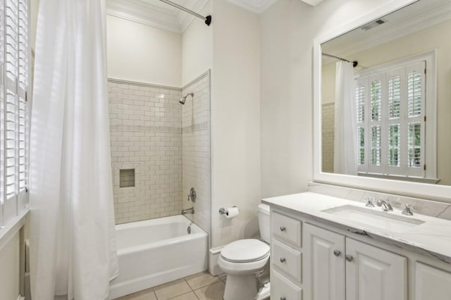 2671 Bohler Rd NW, Atlanta, GA 30327 - full bathroom with shower / bath combination with curtain, crown molding, vanity, and tile patterned floors