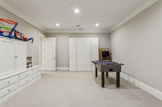2671 Bohler Rd NW, Atlanta, GA 30327 - rec room with light colored carpet, crown molding, and recessed lighting