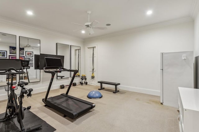 2671 Bohler Rd NW, Atlanta, GA 30327 - workout room with ceiling fan, light carpet, ornamental molding, and recessed lighting