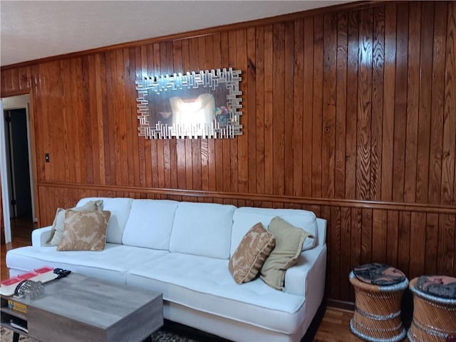 living room with wooden walls