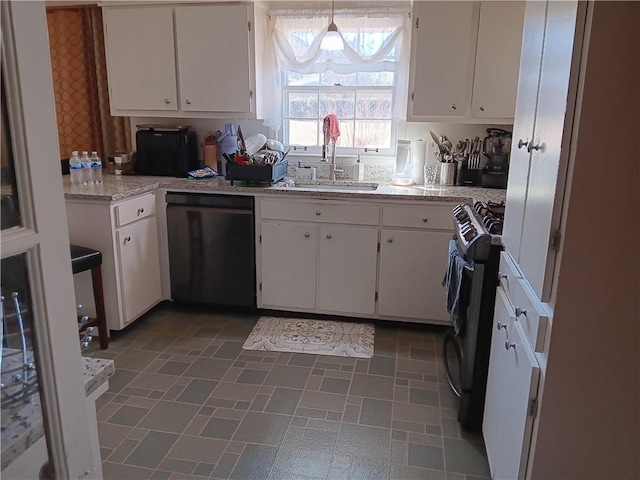 kitchen featuring dishwasher, range with gas stovetop, decorative light fixtures, white cabinetry, and sink