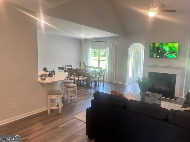 living room with high vaulted ceiling and hardwood / wood-style floors