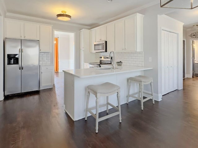 kitchen featuring a sink, appliances with stainless steel finishes, ornamental molding, and dark wood finished floors