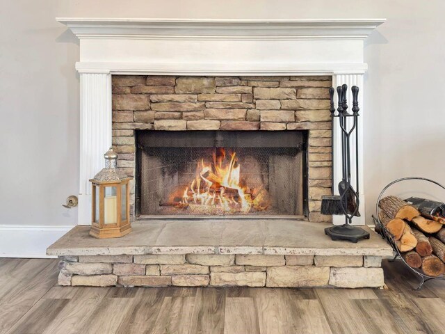 interior details with a stone fireplace and wood finished floors