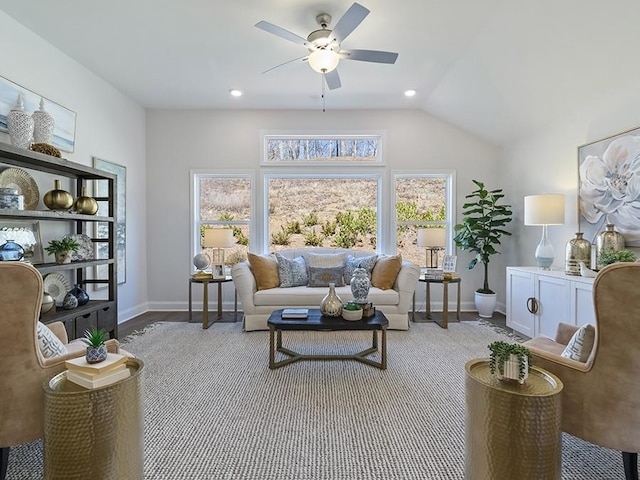 interior space with lofted ceiling, ceiling fan, baseboards, and recessed lighting