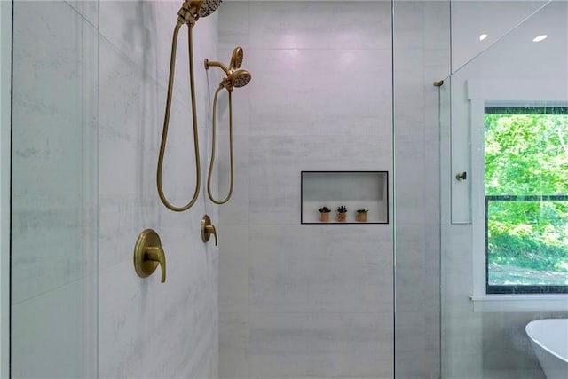 136 Beutell St, Norcross, GA 30071 - bathroom featuring tiled shower and a soaking tub