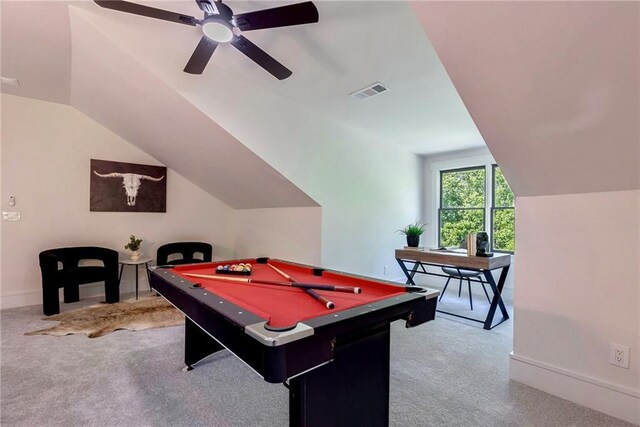 136 Beutell St, Norcross, GA 30071 - game room featuring vaulted ceiling, carpet, baseboards, ceiling fan, and billiards