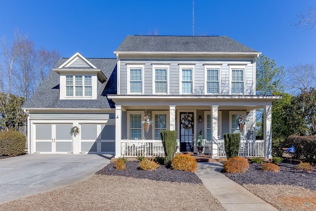 view of front of house featuring a porch and a garage