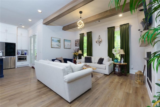 451 Burton Dr Unit 32, Alpharetta, GA 30009 - living room with beamed ceiling, light wood-style floors, and recessed lighting