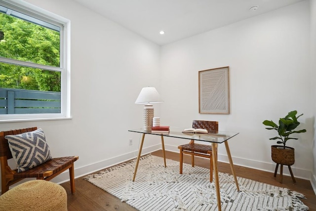 office featuring recessed lighting, wood finished floors, and baseboards