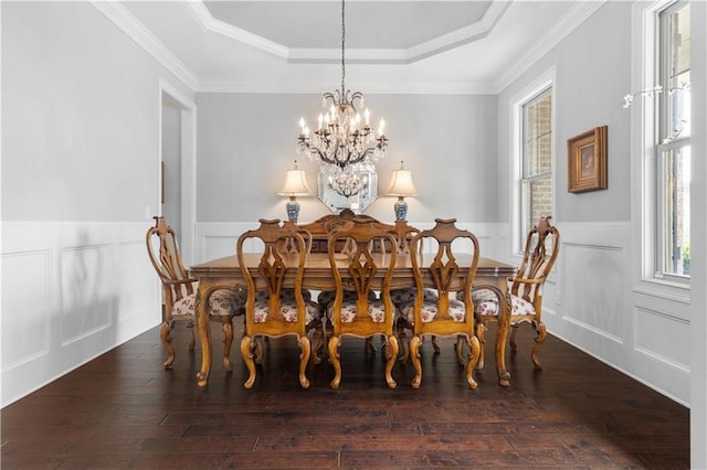 dining room with ornamental molding, a raised ceiling, a notable chandelier, and dark wood-style flooring