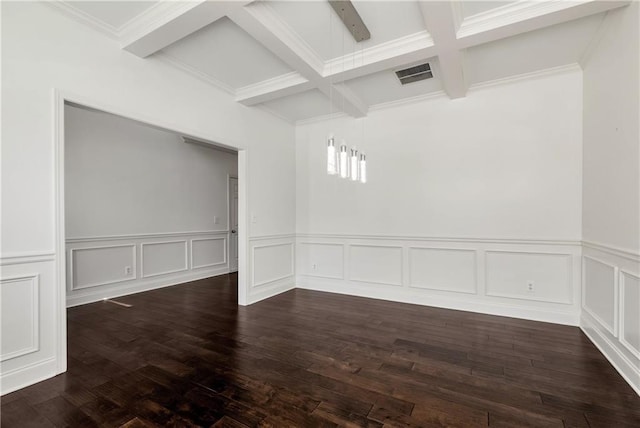 4171 Towncastle Ln, Buford, GA 30518 - empty room with beamed ceiling, coffered ceiling, wainscoting, dark wood finished floors, and crown molding