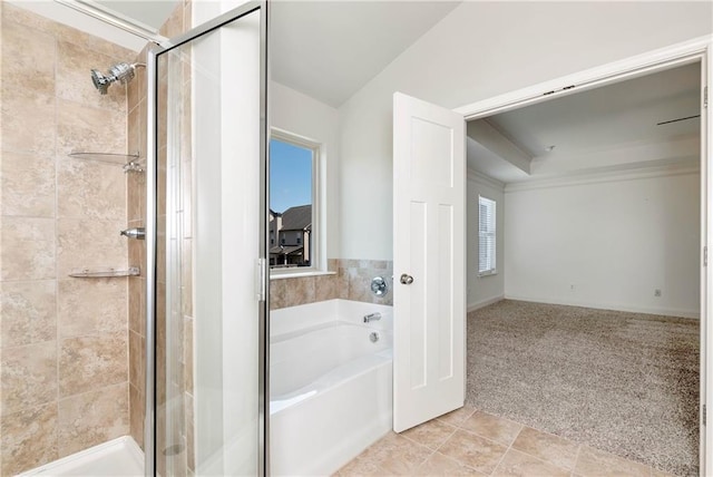 4171 Towncastle Ln, Buford, GA 30518 - bathroom with a shower stall, a garden tub, and tile patterned flooring