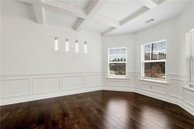 4171 Towncastle Ln, Buford, GA 30518 - unfurnished dining area featuring coffered ceiling, beam ceiling, dark wood-style flooring, a wainscoted wall, and crown molding