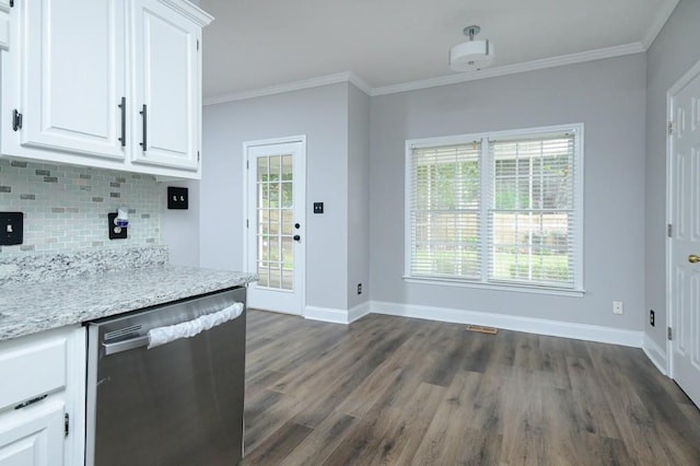 kitchen featuring white cabinets, backsplash, dishwasher, dark hardwood / wood-style flooring, and crown molding