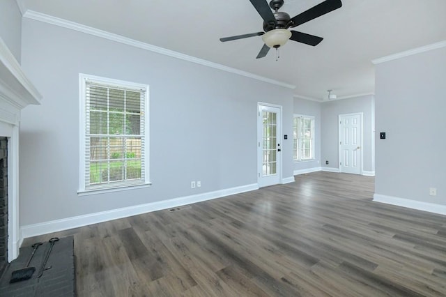 unfurnished living room featuring ceiling fan, crown molding, and dark hardwood / wood-style flooring