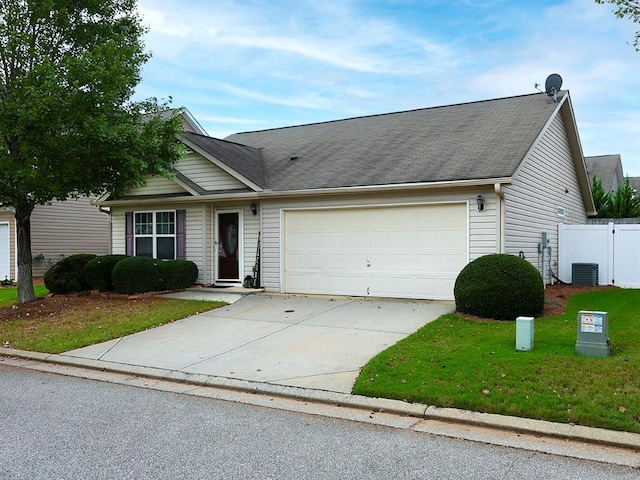 single story home featuring central AC, a garage, and a front lawn