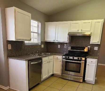 5389 Martins Crossing Rd, Stone Mountain, GA 30088 - kitchen with stainless steel appliances, under cabinet range hood, white cabinets, a sink, and vaulted ceiling