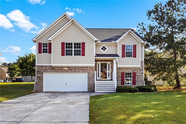 split foyer home featuring a front lawn and a garage