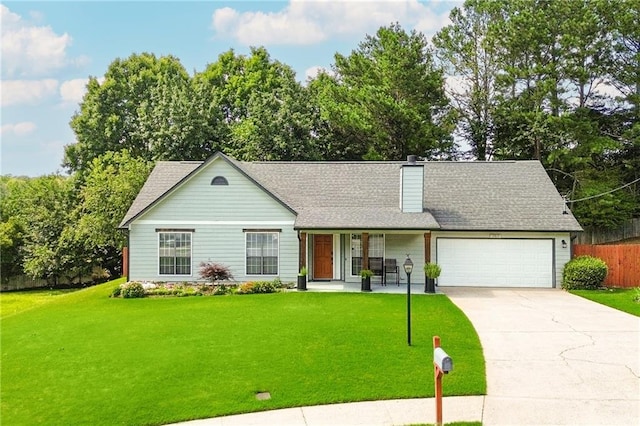 787 Mckendree Lake Way, Lawrenceville, GA 30043 - view of front facade with covered porch, a garage, concrete driveway, a chimney, and roof with shingles