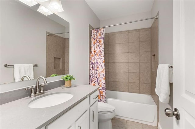 bathroom featuring toilet, shower / tub combo, tile patterned flooring, and vanity