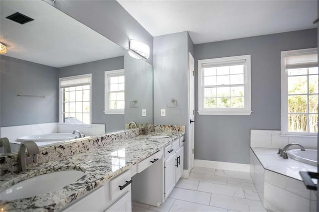 bathroom featuring a washtub, a wealth of natural light, and vanity