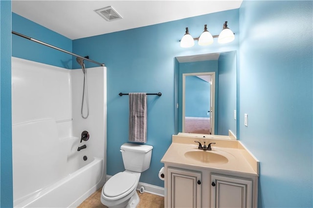 bathroom featuring shower / tub combination, toilet, vanity, visible vents, and baseboards