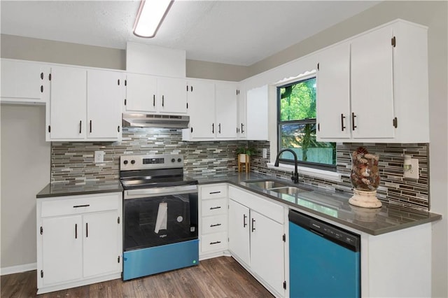 558 Newlin Ct, Lawrenceville, GA 30046 - kitchen featuring stainless steel range with electric stovetop, dishwashing machine, under cabinet range hood, dark countertops, and dark wood finished floors