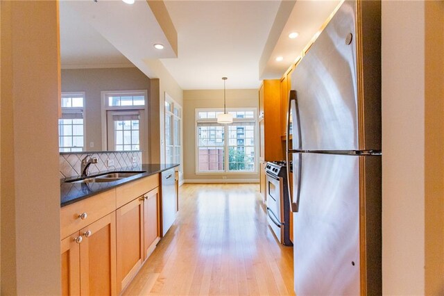 kitchen featuring stainless steel appliances, backsplash, decorative light fixtures, sink, and light hardwood / wood-style floors