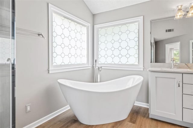 65 Millennial Ct, Lawrenceville, GA 30045 - bathroom featuring wood finished floors, vanity, baseboards, a freestanding bath, and a shower