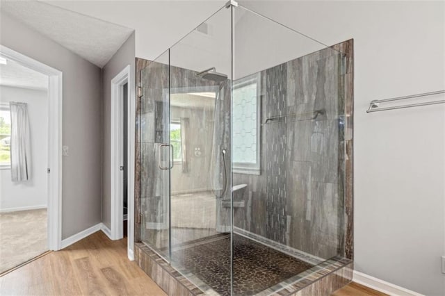 65 Millennial Ct, Lawrenceville, GA 30045 - full bath featuring wood finished floors, plenty of natural light, a shower stall, and baseboards