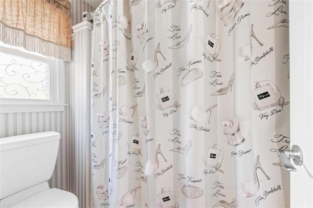 65 Millennial Ct, Lawrenceville, GA 30045 - bathroom featuring wallpapered walls, toilet, and a shower with shower curtain
