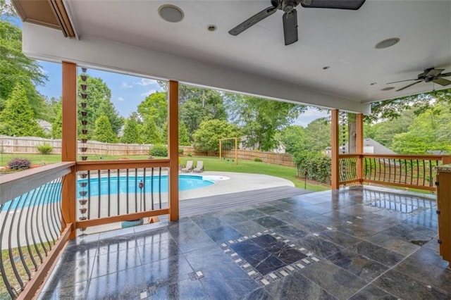65 Millennial Ct, Lawrenceville, GA 30045 - view of pool featuring a ceiling fan, a fenced backyard, and view of scattered trees