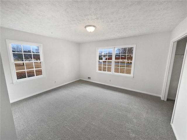 carpeted empty room with a healthy amount of sunlight and a textured ceiling