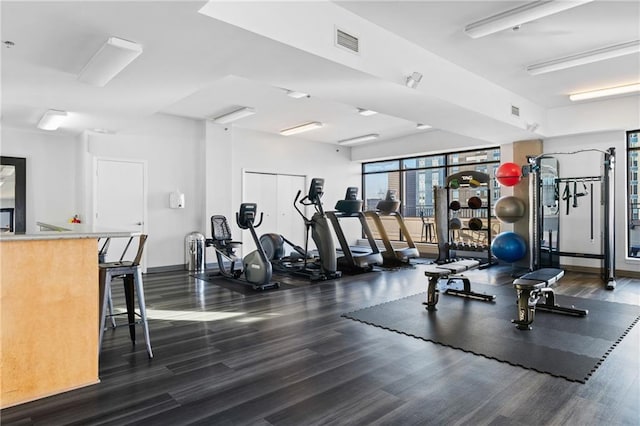 gym featuring dark wood-type flooring