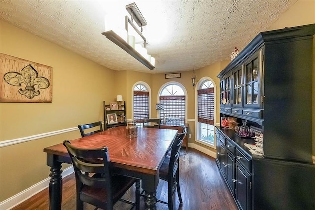 dining space with dark hardwood / wood-style floors and a textured ceiling