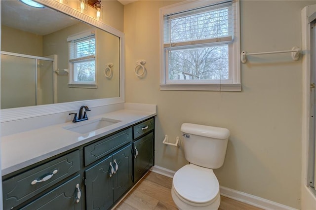 bathroom featuring vanity, wood-type flooring, toilet, and walk in shower