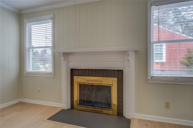 room details featuring ornamental molding, a fireplace, and hardwood / wood-style floors