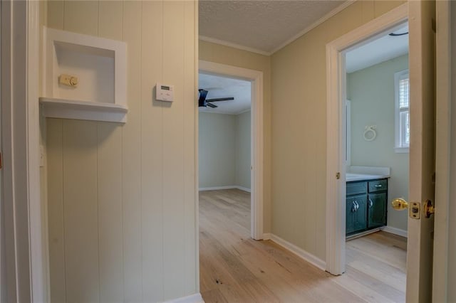 hallway with light hardwood / wood-style flooring, ornamental molding, and a textured ceiling